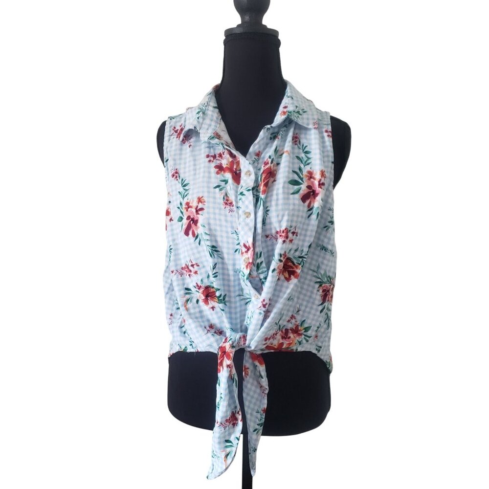 Floral Button Down‎ Sleeveless Tie Front Blouse Size XL Summer Picnic Country